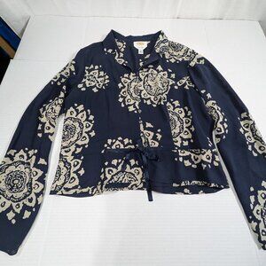 Talbots Pure Silk Womens 12 Peplum Ribbon Tie Navy Top